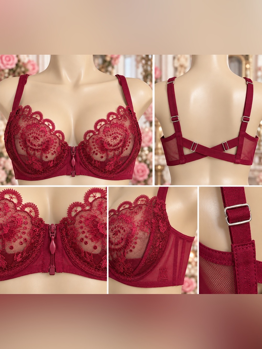 Victoria’s Secret 34C Burgundy Lace Strappy Underwire Front Zip Bra